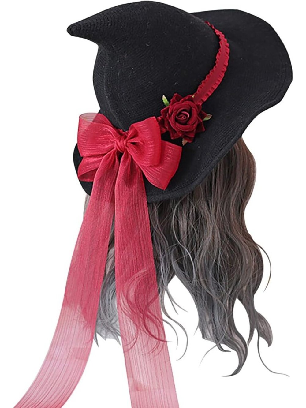 🎃Women's Black A Red Rose Big Decoration Cosplay Ornament Witch Hat Headwear